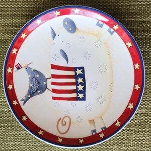 RARE Jo-Ann Fabric DEBBIE MUMM Red White & Blue US FLAG Pig Bird Platter